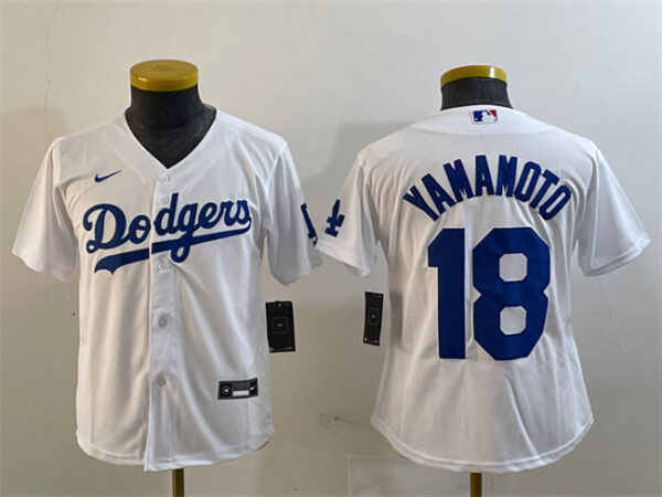 Youth Los Angeles Dodgers #18 Yoshinobu Yamamoto White Stitched Baseball Jersey