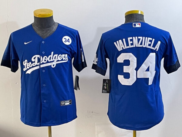 Youth Los Angeles Dodgers #34 Toro Valenzuela Royal 2024 World Series With Fernando Memorial Patch Alternate Limited Stitched Baseball Jersey(Run Small)