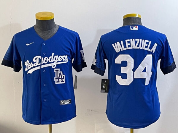 Youth Los Angeles Dodgers #34 Toro Valenzuela Royal 2024 World Series With Fernando Memorial Patch Alternate Limited Stitched Baseball Jersey(Run Small)