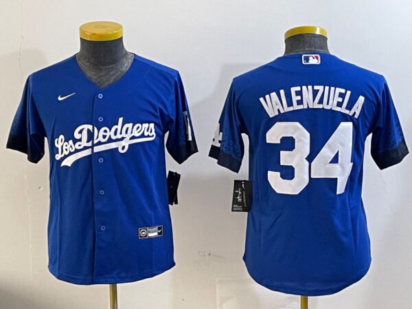 Youth Los Angeles Dodgers #34 Toro Valenzuela Royal 2024 World Series With Fernando Memorial Patch Alternate Limited Stitched Baseball Jersey(Run Small)