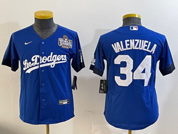 Youth Los Angeles Dodgers #34 Toro Valenzuela Royal 2024 World Series With Fernando Memorial Patch Alternate Limited Stitched Baseball Jersey(Run Small)