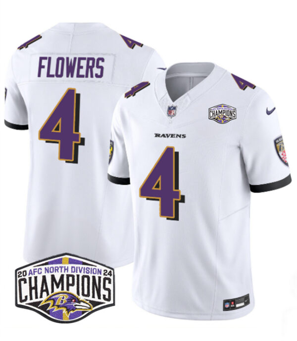 Men's Baltimore Ravens #4 Zay Flowers White F.U.S.E 2024 AFC North Division Champions Vapor Limited Football Jersey