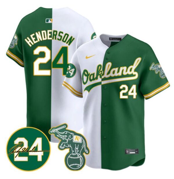 Men's Oakland Athletics #24 Ricky Henderson White Green Split 2024 Limited With Patch Stitched Jersey