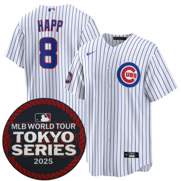 Men's Chicago Cubs #8 Ian Happ White 2025 World Tour Tokyo Series Home Stitched Baseball Jersey