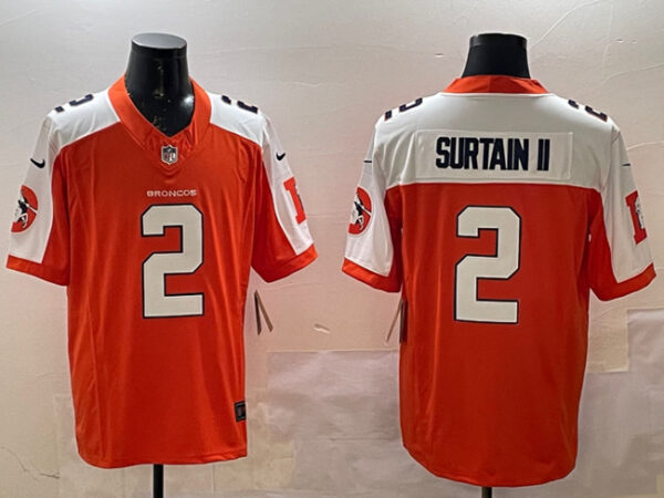 Men's Denver Broncos #2 Patrick Surtain II Orange White 2024 F.U.S.E. V2 Throwback Vapor Limited Alternate Stitched Football Jersey