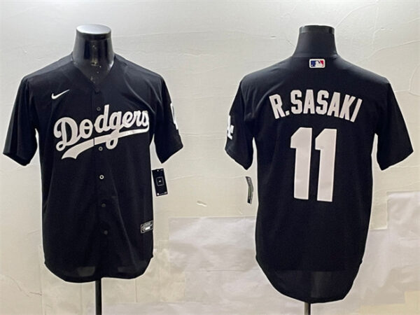 Men's Los Angeles Dodgers #11 Roki Sasaki Black Cool Base Stitched Baseball Jersey 1