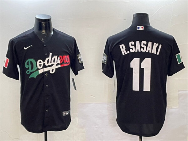 Men's Los Angeles Dodgers #11 Roki Sasaki Black Mexico With World Series Patch Cool Base Stitched Baseball Jersey