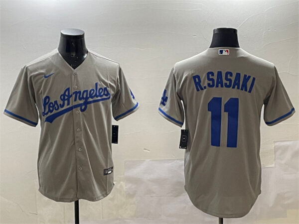 Men's Los Angeles Dodgers #11 Roki Sasaki Grey Cool Base Stitched Baseball Jersey 1