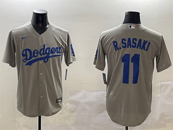 Men's Los Angeles Dodgers #11 Roki Sasaki Grey Cool Base Stitched Baseball Jersey