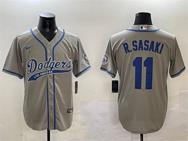 Men's Los Angeles Dodgers #11 Roki Sasaki Grey With Patch Cool Base Stitched Baseball Jersey