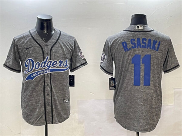 Men's Los Angeles Dodgers #11 Roki Sasaki Grey With Patch Cool Base Stitched Baseball Jersey