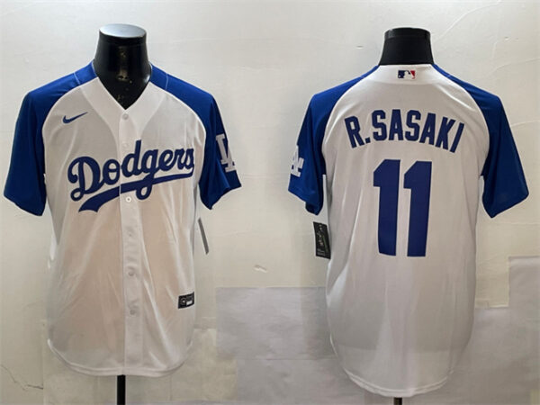 Men's Los Angeles Dodgers #11 Roki Sasaki White Blue Cool Base Stitched Baseball Jersey