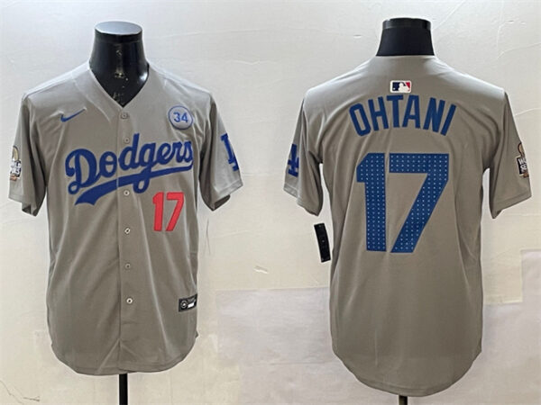 Men's Los Angeles Dodgers #17 Shohei Ohtani Grey 2024 World Series With No. 34 Patch Limited Stitched Baseball Jersey