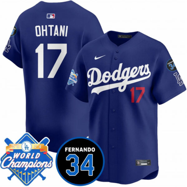 Men's Los Angeles Dodgers #17 Shohei Ohtani Royal 2024 World Champions & Fernando Memorial Patch Vapor Premier Limited Stitched Baseball Jersey