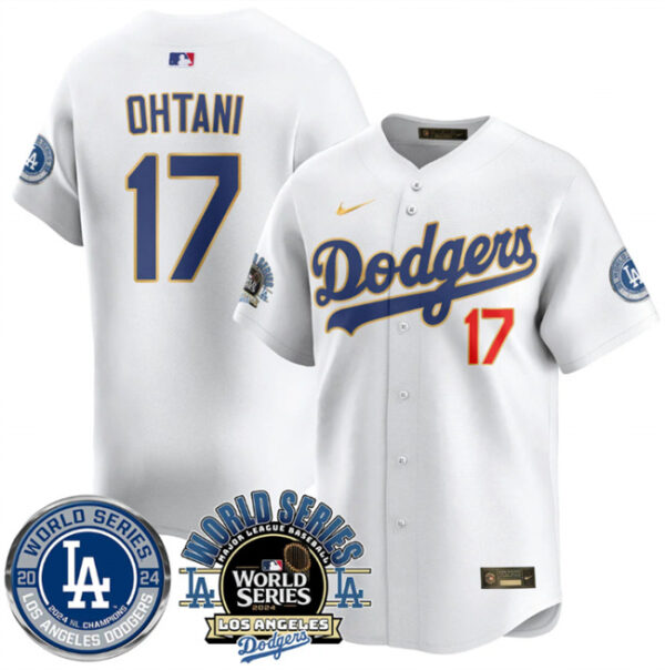 Men's Los Angeles Dodgers #17 Shohei Ohtani White 2024 World Series Patch Vapor Premier Limited Stitched Baseball Jersey