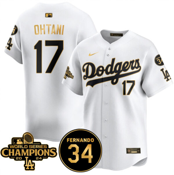 Men's Los Angeles Dodgers #17 Shohei Ohtani White Gold 2024 World Series Champions & Fernando Memorial Patch Vapor Premier Limited Stitched Baseball Jersey