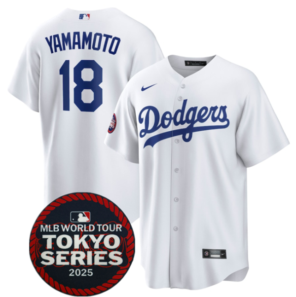 Men's Los Angeles Dodgers #18 Yoshinobu Yamamoto White 2025 World Tour Tokyo Series Home Stitched Baseball Jersey