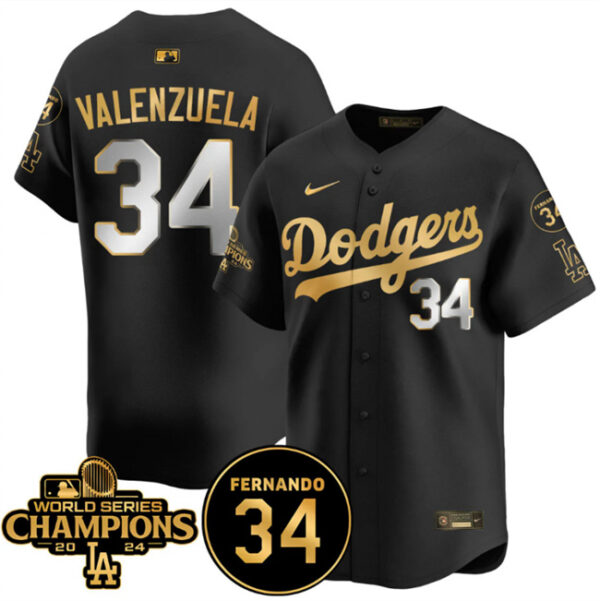 Men's Los Angeles Dodgers #34 Fernando Valenzuela Black Gold 2024 World Series Champions & Fernando Memorial Patch Vapor Premier Limited Stitched Baseball Jersey