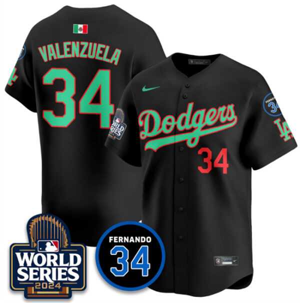 Men's Los Angeles Dodgers #34 Fernando Valenzuela Black Mexico 2024 World Series & Fernando Memorial Patch Vapor Premier Limited Stitched Baseball Jersey