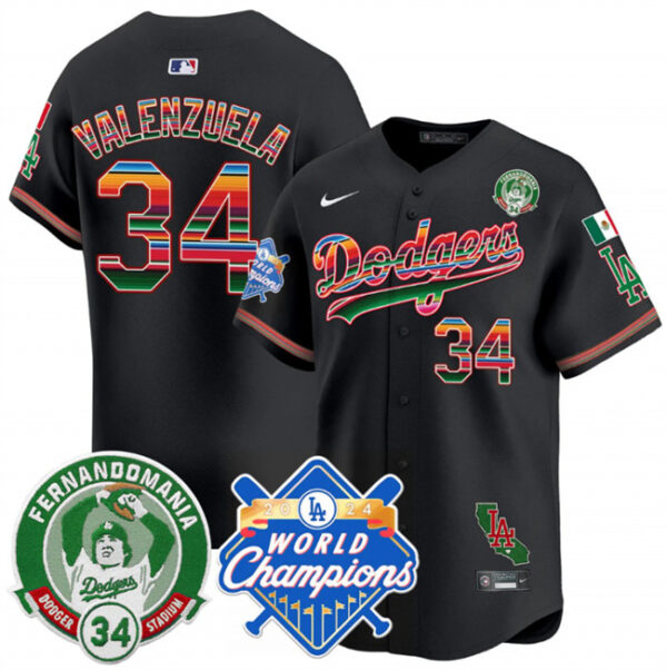 Men's Los Angeles Dodgers #34 Fernando Valenzuela Black Mexico Fernando Valenzuela & 2024 World Champions Patch Vapor Premier Limited Stitched Baseball Jersey