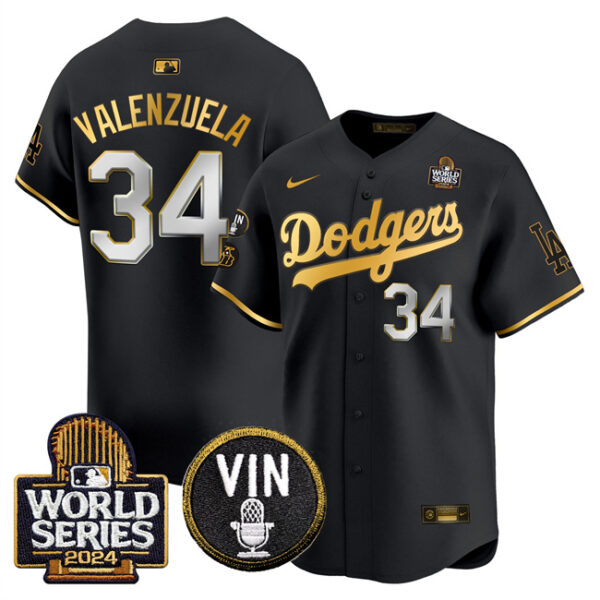 Men's Los Angeles Dodgers #34 Toro Valenzuela Black Gold 2024 World Series With Vin & Kobe Patch Limited Stitched Baseball Jersey