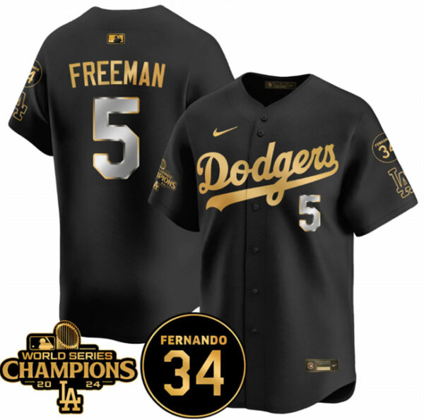 Men's Los Angeles Dodgers #5 Freddie Freeman Black Gold 2024 World Series Champions & Fernando Memorial Patch Vapor Premier Limited Stitched Baseball Jersey