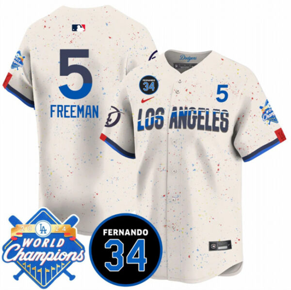 Men's Los Angeles Dodgers #5 Freddie Freeman Cream 2024 World Champions & Fernando Memorial Patch City Connect Vapor Premier Limited Stitched Baseball Jersey