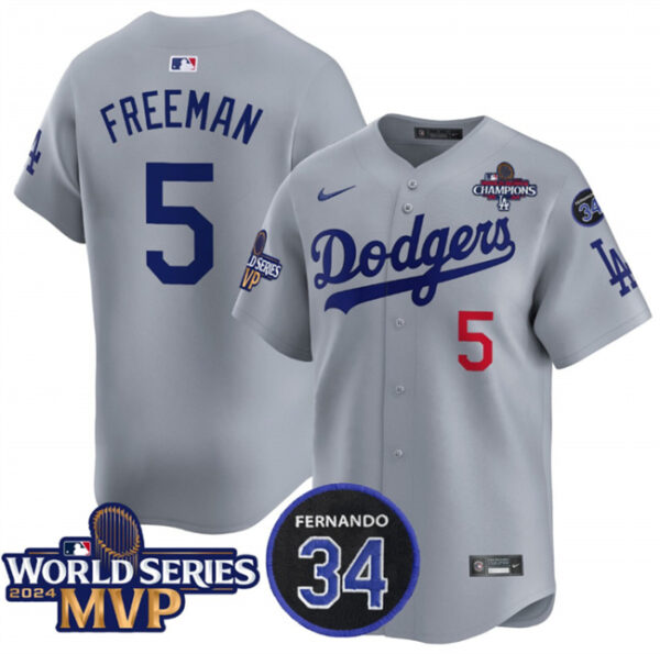 Men's Los Angeles Dodgers #5 Freddie Freeman Grey 2024 World Series MVP & Fernando Memorial Patch Vapor Premier Limited Stitched Baseball Jersey