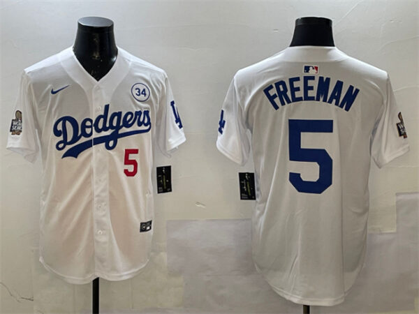 Men's Los Angeles Dodgers #5 Freddie Freeman White 2024 World Series With No. 34 Patch Home Limited Stitched Baseball Jersey