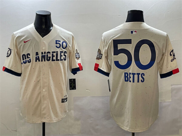 Men's Los Angeles Dodgers #50 Mookie Betts Cream 2024 World Series Patch City Connect Limited Stitched Baseball Jersey