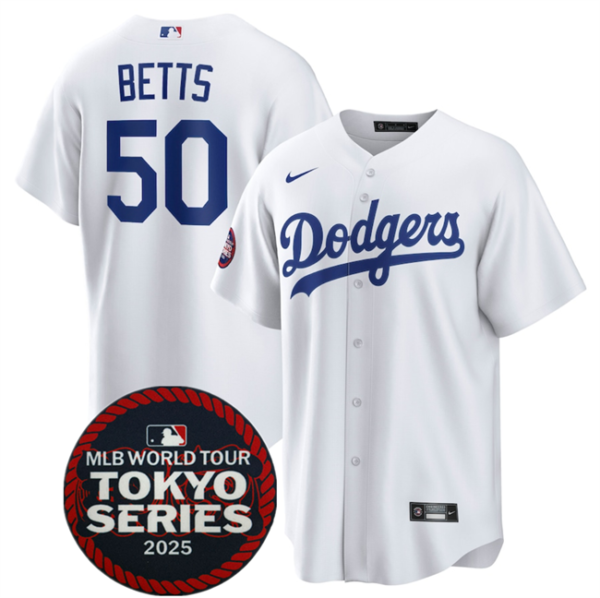 Men's Los Angeles Dodgers #50 Mookie Betts White 2025 World Tour Tokyo Series Home Stitched Baseball Jersey