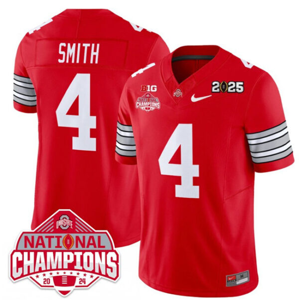 Men's Ohio State Buckeyes #4 Jeremiah Smith Red 2025 CFP Final With National Champions Patch F.U.S.E. Vapor Limited Stitched Football Jersey