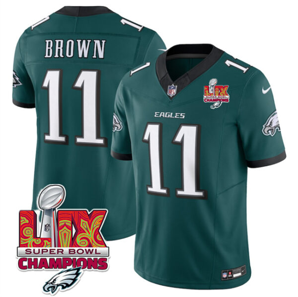 Men's Philadelphia Eagles #11 A.J. Brown Green 2025 Eagles Logo Super Bowl LIX Patch New F.U.S.E. Vapor Untouchable Limited Stitched Football Jersey