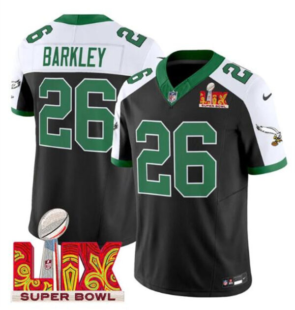 Men's Philadelphia Eagles #26 Saquon Barkley Black White 2025 Super Bowl LIX Patch F.U.S.E. Vapor Untouchable Limited Stitched Football Jersey