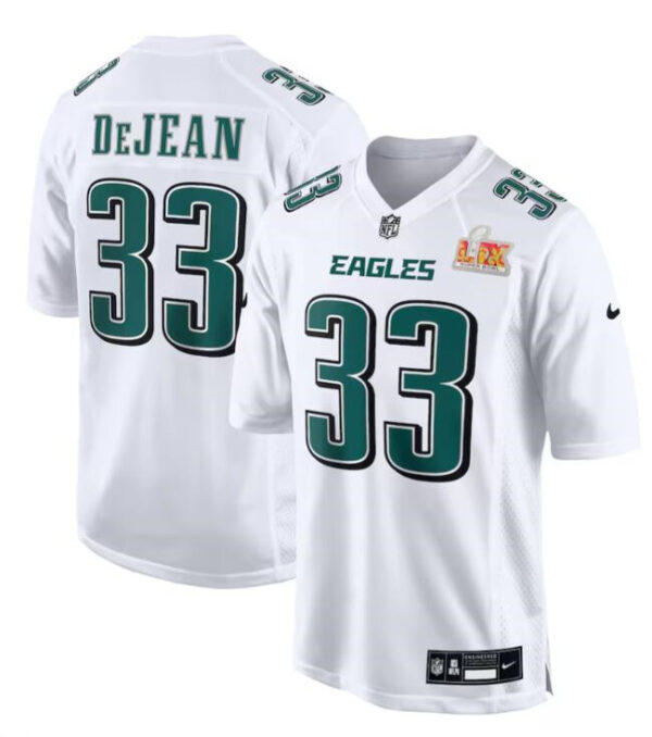 Men's Philadelphia Eagles #33 Cooper DeJean White 2025 Super Bowl LIX Patch Fashion Football Stitched Game Jersey