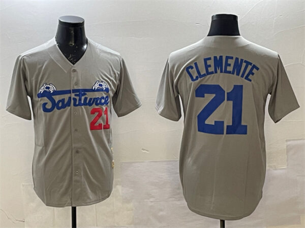 Men's Santurce Crabbers #21 Roberto Clemente Grey Cool Base Stitched Baseball Jersey