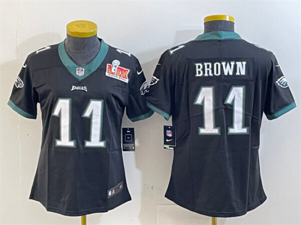 Women's Philadelphia Eagles #11 A. J. Brown Black 2025 Super Bowl LIX Patch Vapor Untouchable Limited Stitched Football Jersey(Run Small)