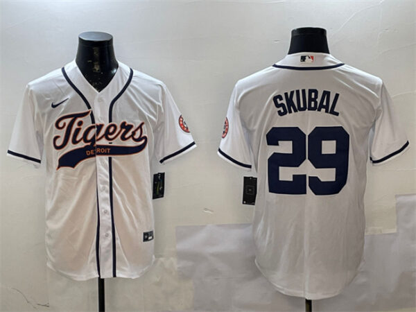 Men's Detroit Tigers #29 Tarik Skubal White With Patch Cool Base Stitched Baseball Jersey