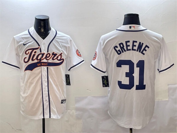 Men's Detroit Tigers #31 Riley Greene White With Patch Cool Base Stitched Baseball Jersey