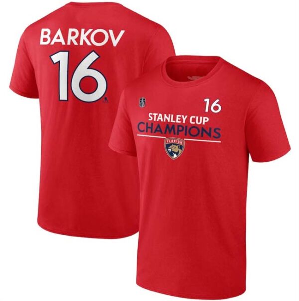 Men's Florida Panthers #16 Aleksander Barkov Red 2024 Stanley Cup Champions Pro Name & Number T-Shirt