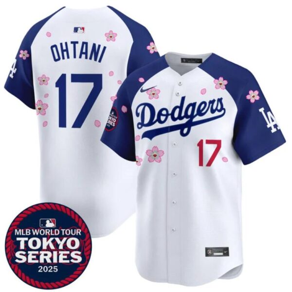 Men's Los Angeles Dodgers #17 Shohei Ohtani White Royal 2025 Tokyo Series Limited Stitched Baseball Jersey