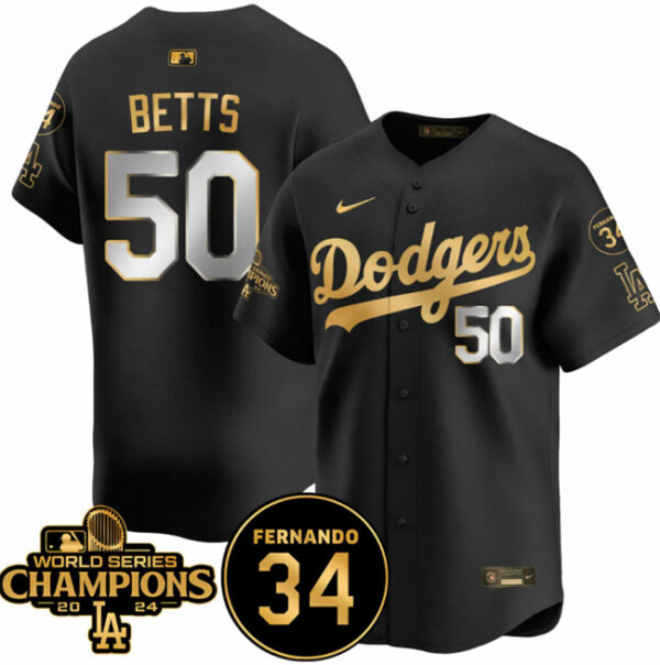 Men's Los Angeles Dodgers #50 Mookie Betts Black Gold 2024 World Series Champions & Fernando Memorial Patch Vapor Premier Limited Stitched Baseball Jersey