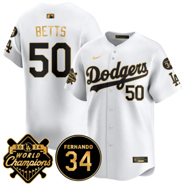 Men's Los Angeles Dodgers #50 Mookie Betts White Gold 2024 World Champions & Fernando Memorial Patch Vapor Premier Limited Stitched Baseball Jersey