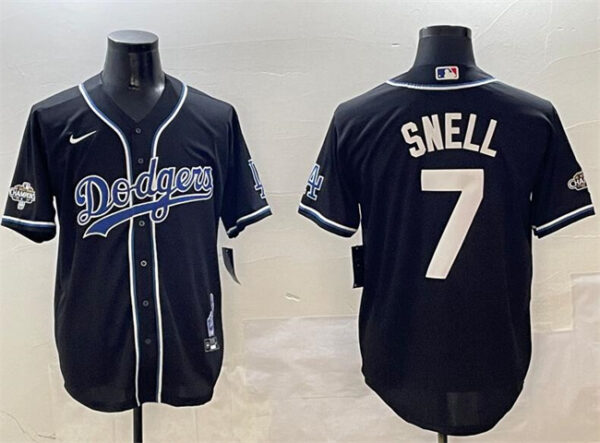 Men's Los Angeles Dodgers #7 Blake Snell Black 2024 World Series Champions Cool Base Stitched Baseball Jersey