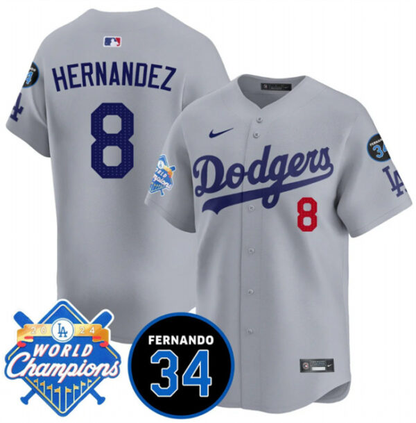 Men's Los Angeles Dodgers #8 Enrique Hernandez Grey 2024 World Champions & Fernando Memorial Patch Vapor Premier Limited Stitched Baseball Jersey