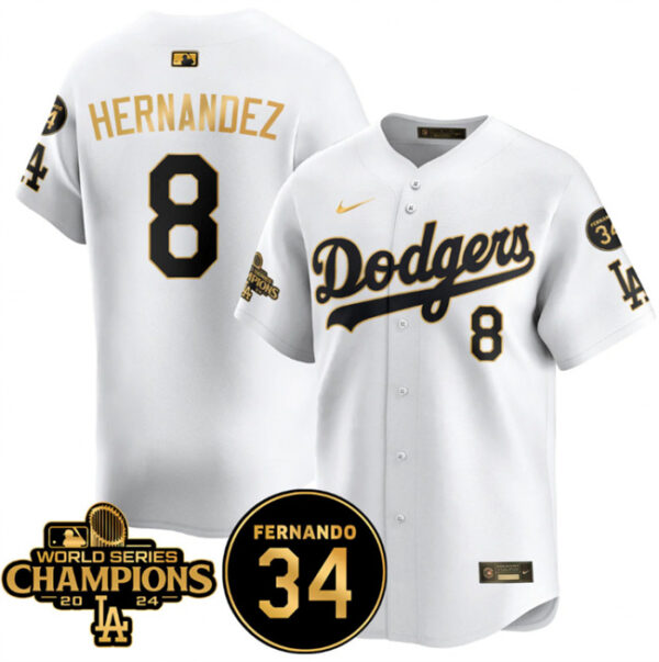 Men's Los Angeles Dodgers #8 Enrique Hernandez White Gold 2024 World Series Champions & Fernando Memorial Patch Vapor Premier Limited Stitched Baseball Jersey