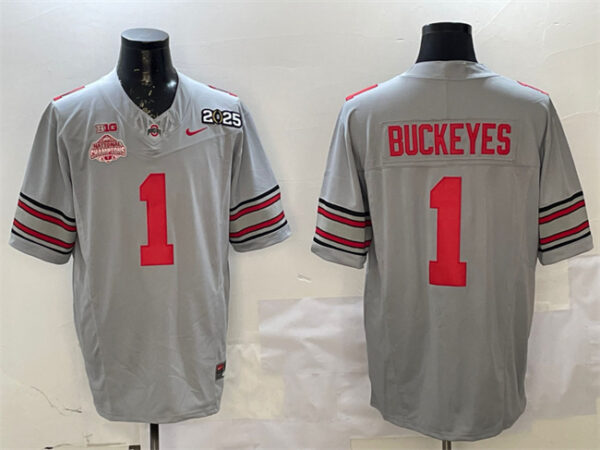 Men's Ohio State Buckeyes #1 Buckeyes Grey 2025 CFP Final With National Champions Patch F.U.S.E. Vapor Limited Stitched Football Jersey