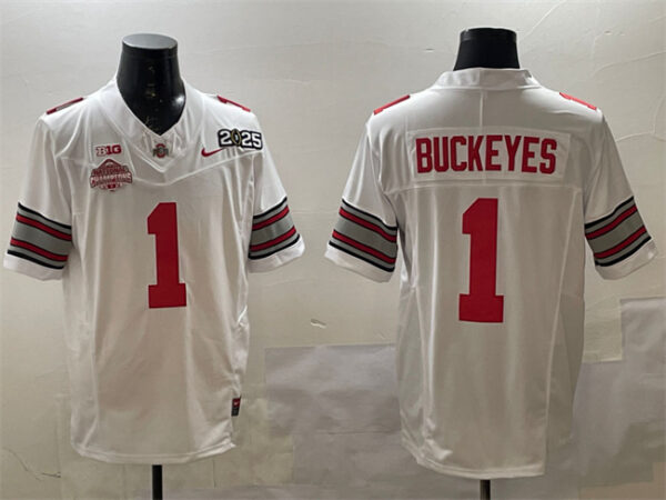 Men's Ohio State Buckeyes #1 Buckeyes White 2025 CFP Final With National Champions Patch F.U.S.E. Vapor Limited Stitched Football Jersey