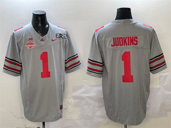 Men's Ohio State Buckeyes #1 Quinshon Judkins Grey 2025 CFP Final With National Champions Patch F.U.S.E. Vapor Limited Stitched Football Jersey