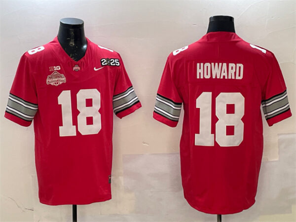 Men's Ohio State Buckeyes #18 Will Howard Red 2025 CFP Final With National Champions Patch F.U.S.E. Vapor Limited Stitched Football Jersey